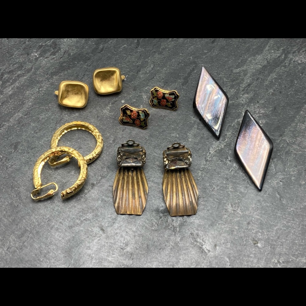 CLIP-ON Women’s Vintage Bundle 5x pairs earrings silver gold cloisonné